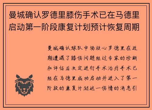 曼城确认罗德里膝伤手术已在马德里启动第一阶段康复计划预计恢复周期受关注